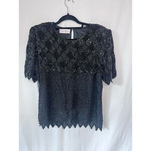 Vintage Laurence Kazar silk beaded blouse formal scalloped hem shoulder pads